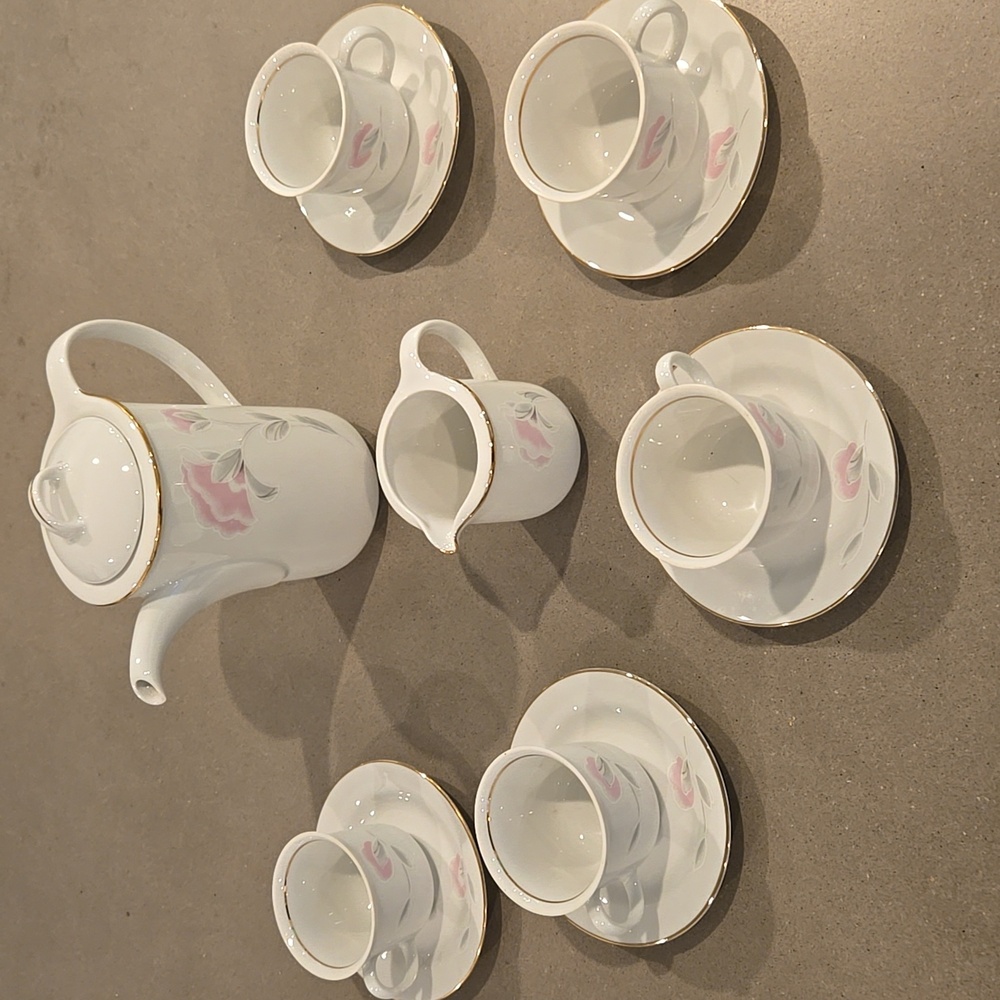 Porcelain Coffee Set with Pink Floral Accent and Gold Trim (MINIATURE SIZE)